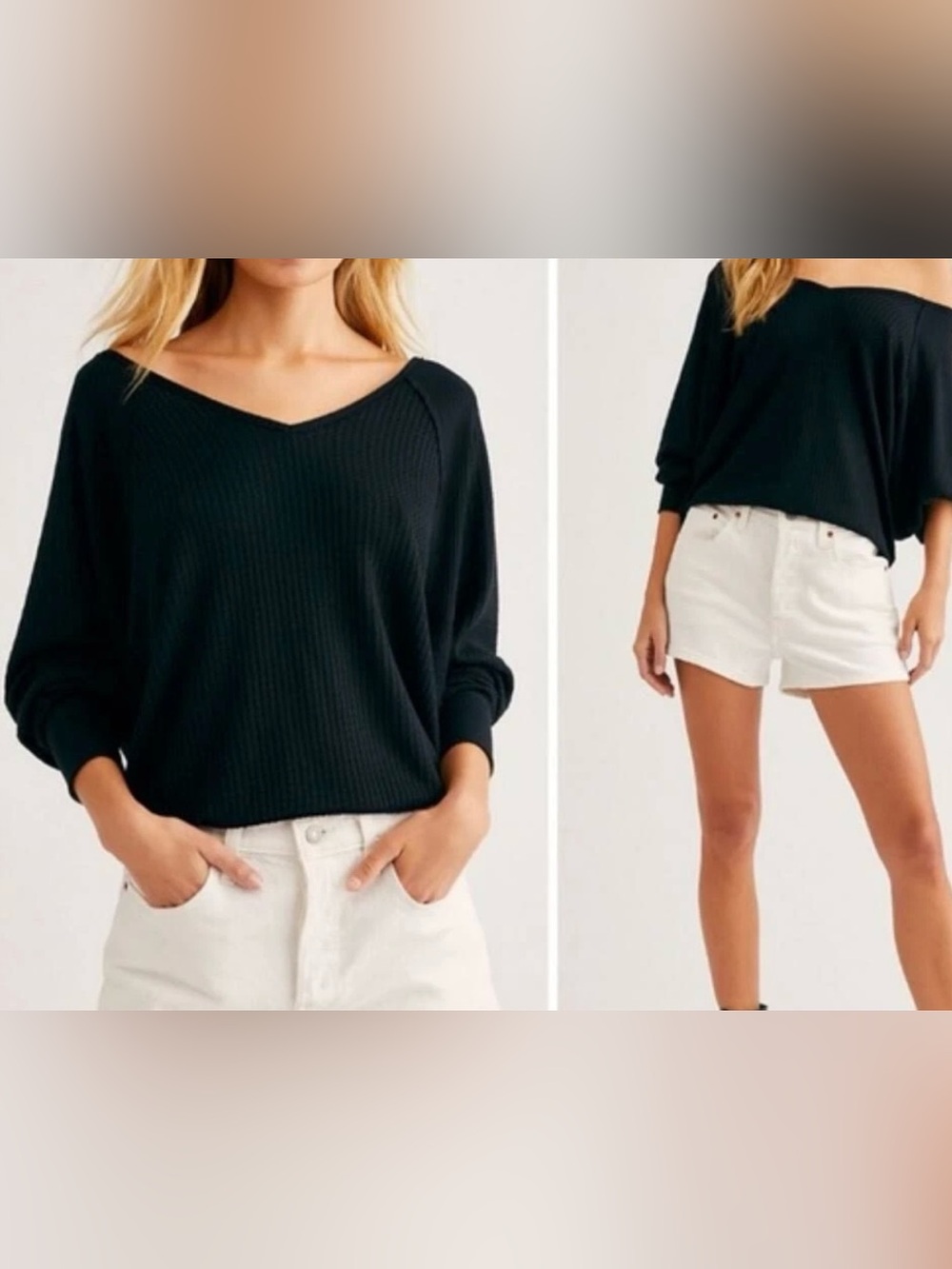 We The Free Black Oversized V-Neck Waffle Knit Long Sleeve - Size XS